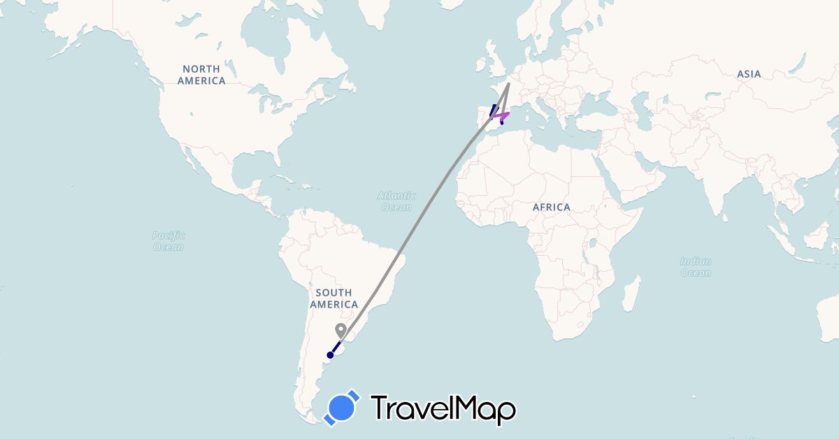 TravelMap itinerary: driving, plane, train in Argentina, Spain, France (Europe, South America)